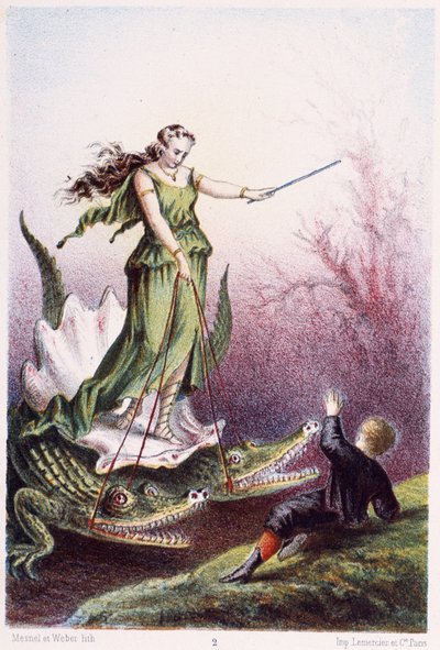 Ein Junge vor einer Frau auf einem von zwei Krokodilen gezogenen Wagen - in "Reise zum Meeresgrund" von H. de la Blanchère. Paris, ed. Jouvet et Cie, sd. 1880 von French School