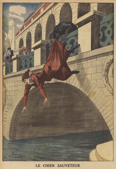 Ein Hund rettet eine Frau vor dem Sturz von einer Brücke (Farblithografie) von French School