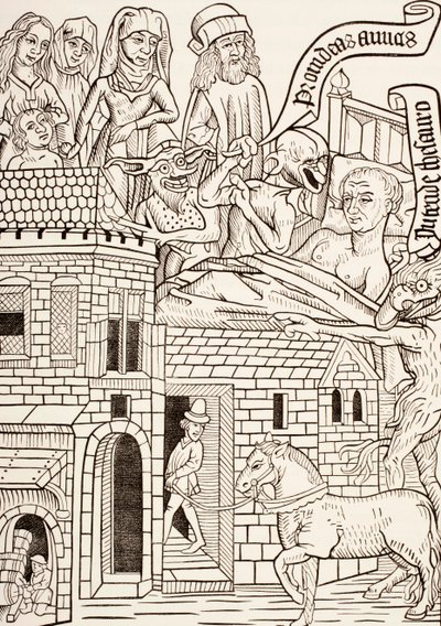 Ein sterbender Sünder, umgeben von seiner Familie, und zwei Teufel flüstern ihm ins Ohr, Seite aus dem Text Ars Moriendi oder Die Kunst des Sterbens aus dem 15. Jahrhundert, aus Les Arts au Moyen Age, veröffentlicht 1873 von French School
