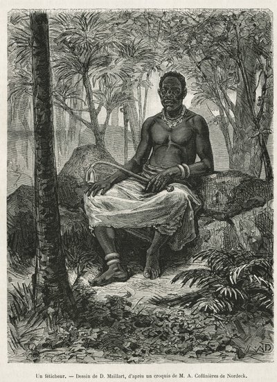 Ein Fetischist, Zauberer, der die magische Kraft von Fetischen nutzen kann, Zeichnung von D. Maillart, zur Illustration der Geschichte einer Reise nach Gabun und zum Ogoué-Fluss, 1875-1877, von Alfred Marche. Gravur in Le tour du monde von French School