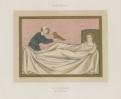 Eine Figur, die einem im Bett liegenden Menschen einen Vogel präsentiert von French School