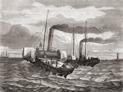 Ein erster Versuch im Jahr 1850 von John Watkins Bretts Anglo-French Telegraph Company, die erste Leitung unter dem Ärmelkanal von Dover nach Calais zu verlegen, mit den umgebauten Schleppern Goliath und Widgeon, aus 