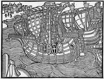 Eine Flotte im 15. Jahrhundert, nach einer Gravur von „Vergier D’honneur“. Gravur in „La Marine et les colonies: commerce“ von French School