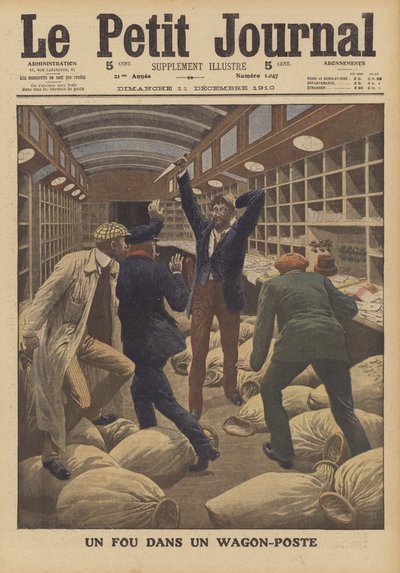 Ein Verrückter in einem Postwagen eines Zuges, der in Paris ankommt von French School