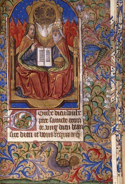 Eine Miniatur aus einem Stundenbuch, in Latein und Französisch, die die Dreifaltigkeit mit Engeln darstellt, um 1485 von French School