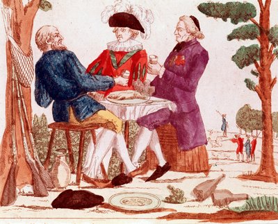 Ein Bauer (Dritter Stand), Klerus und Aristokrat essen gemeinsam einen Hasen an einem Tisch, im rechten Hintergrund eine Jagdszene, links drei Gewehre, August 1789 (Gravur, späte 18. Jahrhundert) von French School