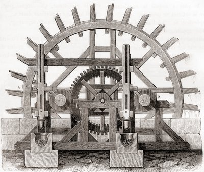 Eine Pulvermühle und ihr Wasserrad, nach einer Zeichnung aus dem 19. Jahrhundert, aus Les Merveilles de la Science, veröffentlicht um 1870 (Gravur) von French School