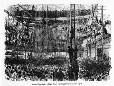 Eine öffentliche Versammlung in der Turnhalle der Champs-Elysées in Paris - in „La Presse illustrée“ Nr. 104, 30.10.1869, Sammlung Selva. von French School