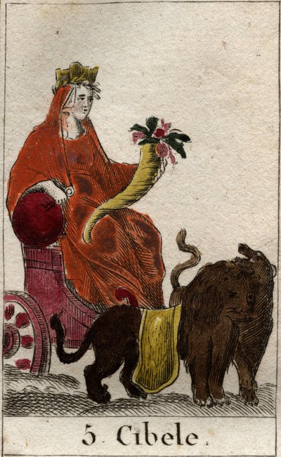 Darstellung der Göttin Kybele (phrygischen Ursprungs), die Mutter Natur personifiziert, sie hält ein Füllhorn in den Händen. Aus „Mythologie der Jugend“ von Pierre Blanchard 1803. von French School