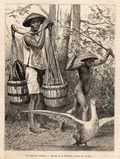 Ein Bewohner von Hatien (Vietnam) trägt Eimer und Korb und ein Kind jagt eine Gans mit einem Stock, Gravur nach einer Zeichnung von Robin, die die Reise nach Cochinchina von Doktor Morice in 1872 illustriert, veröffentlicht in "Le tour du monde" 1875, hera von French School