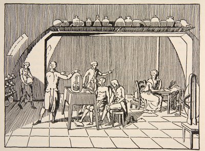 Ein Atmungsexperiment im Labor von Lavoisier, Kopie von Boris Mestchersky, Illustration aus Histoire de la Nation Francaise, Sciences, Bände I & II, von Gabriel Hanotaux, 1924 von French School