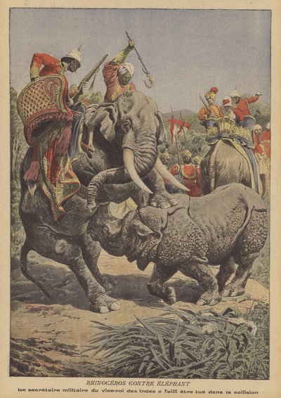 Ein Nashorn greift einen Elefanten in Indien an von French School