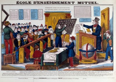 Eine Schule der gegenseitigen Erziehung, die um 1815 in Frankreich eingeführt wurde. Stich aus dem 19. Jahrhundert Paris, Musée Carnavalet von French School
