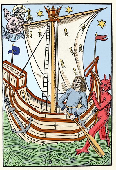 Ein Schiff in den Gefahren des Meeres. Ein Dämon ergriff den Bug, während Gott sich links manifestierte. Gravur aus „Der große Kalender und Kompost der Hirten“, Troyes 1491 von French School