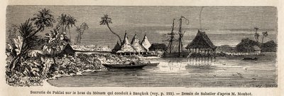 Eine Zuckerfabrik von Paklat am Arm des Menam, Hauptfluss von Thailand. Zeichnung von Sabatier zur Illustration von Henri Mouhots Reise in die Königreiche Siam, Kambodscha und Laos von 1858 bis 1861. Gravur in „Le tour du monde“, herausgegeben von Edouard  von French School