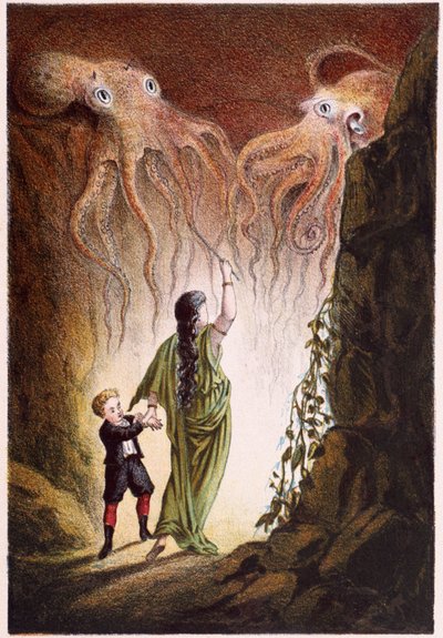Eine Frau und ein Junge werden von zwei riesigen Kraken angegriffen - in „Reise zum Meeresgrund“ von H. de la Blanchère. Paris, ed. Jouvet et Cie, sd. 1880 von French School