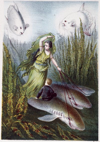 Eine Frau und ein Junge fliehen vor riesigen Fischen auf Haien - in „Reise zum Meeresgrund“ von H. de la Blanchère. Paris, ed. Jouvet et Cie, sd. 1880 von French School