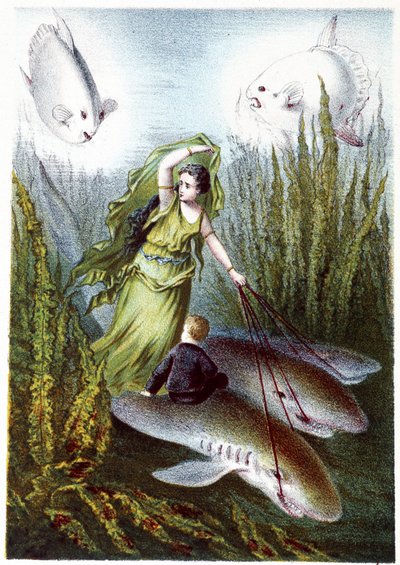 Eine Frau und ein Junge fliehen vor riesigen Fischen auf Haien - in "Reise zum Meeresgrund" von H. de la Blanchère. Paris, ed. Jouvet et Cie, sd. 1880 von French School