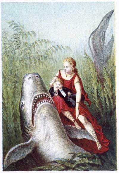 Eine Frau und ein Junge reiten auf einem Hai - in „Reise zum Meeresgrund“ von H. de la Blanchère. Paris, ed. Jouvet et Cie, sd. 1880. von French School