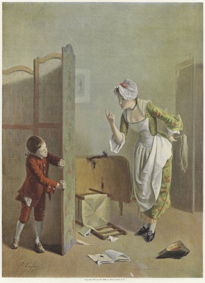 Ein Junge versteckt sich nervös hinter einem Schirm, während eine junge Frau versucht, ihn herauszulocken von French School