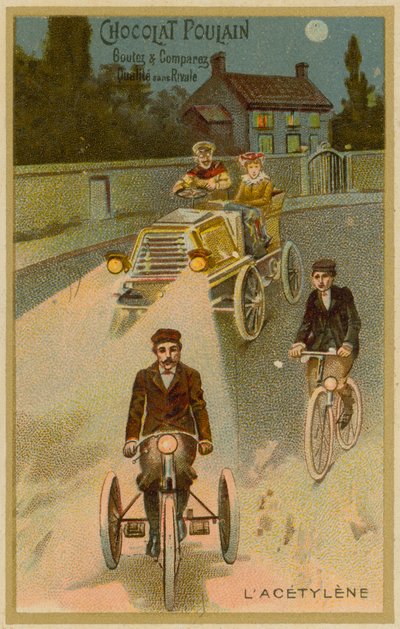 Acetylen-Scheinwerfer an einem Auto und einem Motorrad von French School