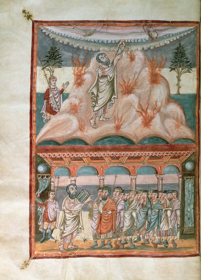 Moses empfängt und übermittelt das Gesetz Gottes auf dem Berg Sinai, aus der Moutier-Grandval-Bibel, illuminiert in der karolingischen Abtei St. Martin, Tours, ca. 834-843 von French School