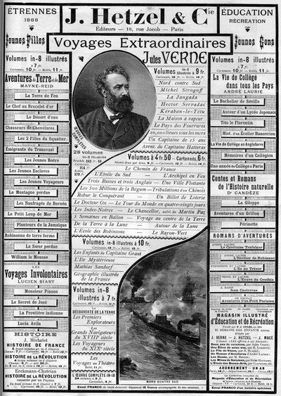 Werbung für Jules Vernes Romane zum Jahresende 1887, Herausgeber J. Hetzel von French School
