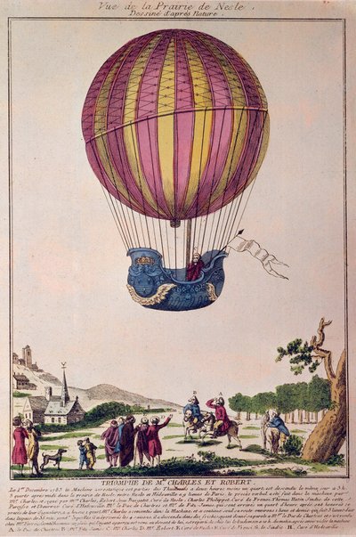 Aerostat: der zweite Versuch, mit einem Ballon zu fliegen. Charles und Robert landen auf der Prairie de Nesle, in der Nähe von Paris, nach einer Reise mit einem Wasserstoffgasballon am 01.12.1783. Gravur des 18. Jahrhunderts. von French School