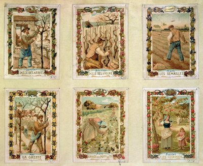 Landwirtschaftlicher Kalender, der die verschiedenen Jahreszeiten der Landwirtschaft darstellt, Ende des 19. Jahrhunderts von French School