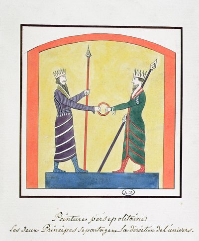 Ahura Mazda und Angra Mainyu streiten um die Welt, Kopie eines Frieses aus Persepolis von French School