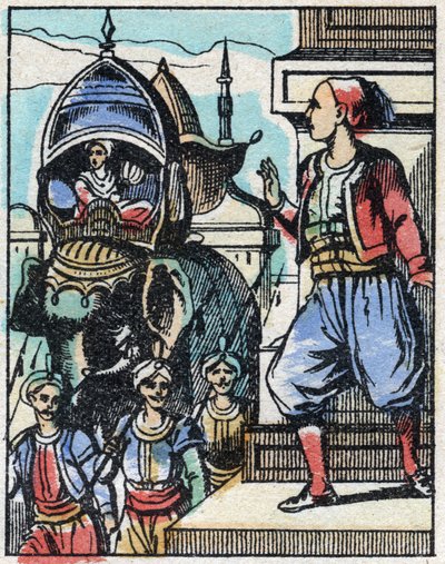 Aladin verliebt sich in die Tochter des Sultans. Gravur der Geschichte aus Tausendundeine Nacht „Aladin und die Wunderlampe“. Epinal-Bild, Ende des 19. Jahrhunderts. Private Sammlung. von French School