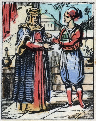 Aladin legt prächtige Diamanten in eine goldene Schale und schickt seine Mutter, um sie dem Sultan anzubieten, um seiner Tochter einen Heiratsantrag zu machen. Gravur aus dem Märchen Tausendundeine Nacht "Aladin und die Wunderlampe". Epinal-Bild, Ende des  von French School