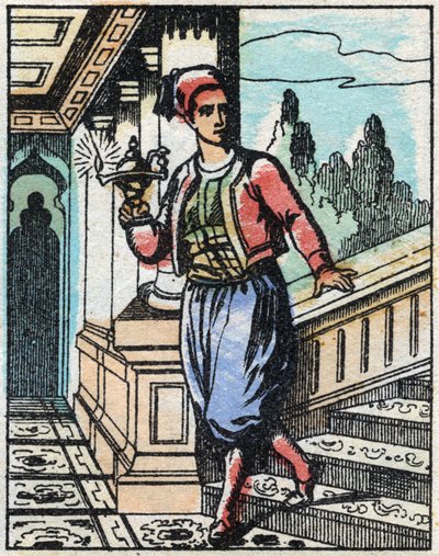 Aladin mit der Wunderlampe findet seinen Weg nicht mehr. Stich aus dem Märchen „Aladin und die Wunderlampe“ aus Tausendundeine Nacht. Epinal-Bild, Ende des 19. Jahrhunderts. Private Sammlung. von French School