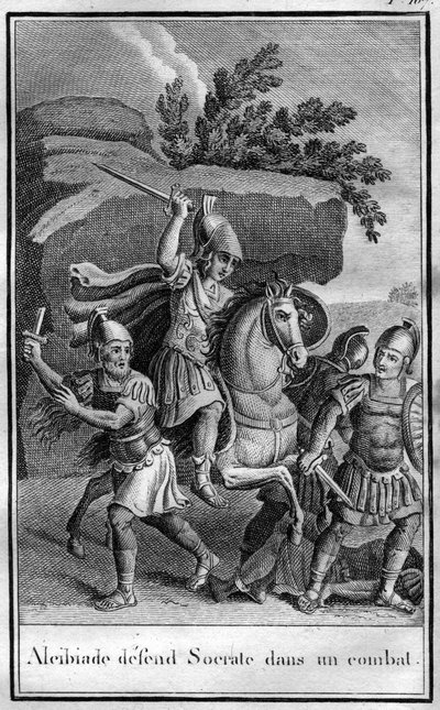 Alkibiades (450-404 v. Chr.), athenischer Staatsmann und Stratege verteidigt Sokrates in einem Kampf. In „Beautés de l