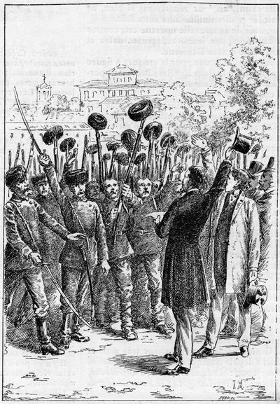 Alexander von Battenberg - Alexander I. von Bulgarien oder Alexander von Battenberg (1857-1893) proklamierte in Philippopoli die Vereinigung von Rumänien und Bulgarien, in „Die Illustrierte Welt“ von French School