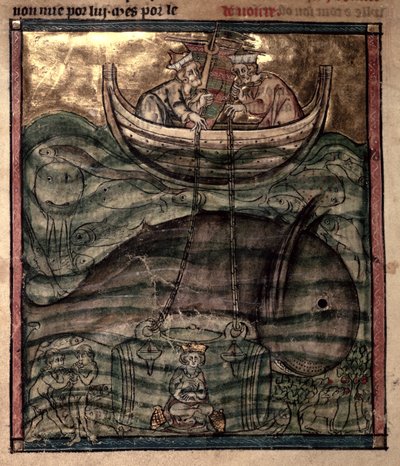Alexander der Große wird in einem Glaskäfig auf den Meeresboden herabgelassen, aus 