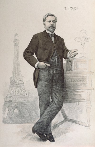 Alexandre Gustave Eiffel posiert an seinem Schreibtisch mit einer Zeichnung des Eiffelturms, Illustration aus La Revue Illustrée, 1888 von French School