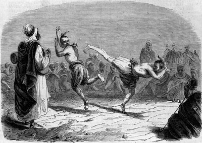 Algerischer Brauch: Arabischer Tanz. Zeichnung von Herrn Rigo, basierend auf einer Skizze von Herrn Ameler, Bataillonsführer. Gravur in "Le Monde Illustré" Nr. 86 vom 11. Dezember 1858. von French School