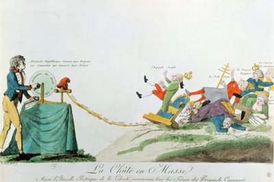 Alle fallen um, die durch die Erklärung der Menschenrechte während der Französischen Revolution erzeugte Elektrizität stürzt die Throne und Monarchen Europas, ca. 1793 von French School