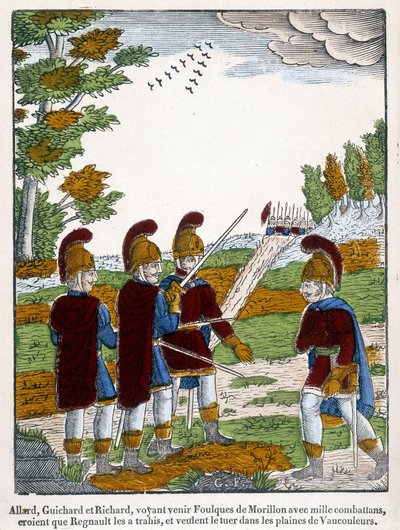 Allard, Guichard und Richard, die sehen, wie Morillon mit tausend Kämpfern kommt, glauben, dass Regnaut sie verraten hat, und wollen ihn in den Ebenen von Vaucouleurs töten. Bild von Epinal aus dem Jahr 1825, das eine Szene des Epos vom Ende des 1. von French School