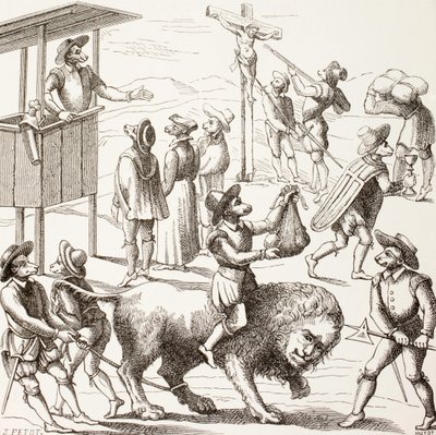 Allegorisches Bild der Exzesse, die den Hugenotten zugeschrieben werden, aus 