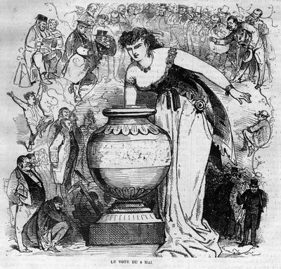 Allegorie des Plebiszits vom 8. Mai 1870, letztes Plebiszit unter dem Zweiten Kaiserreich. Kupferstich von 1870 von French School