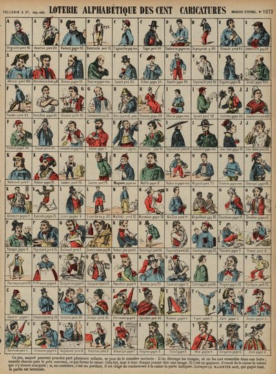 Alphabetische Lotterie von hundert Karikaturen von French School