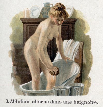 Alution in einer Badewanne mit zwei Eimern, einer mit heißem Wasser und der andere mit kaltem Wasser von French School