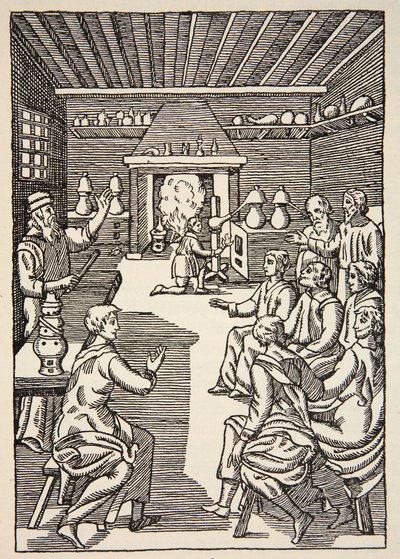 Eine Alchemie-Lektion im 14. Jahrhundert, Kopie von Boris Mestchersky, Illustration aus Histoire de la Nation Francaise, Sciences, Bände I & II, von Gabriel Hanotaux, 1924 von French School