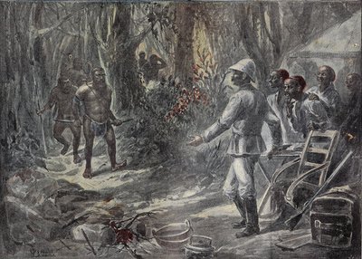 Ein englischer Reisender Lloyd entdeckt die Pygmäen bei der Erkundung Afrikas. Gravur in 