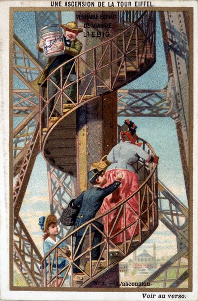 Ein Aufstieg auf den Eiffelturm: über die Treppe - Chromo. Liebig, Anfang 20. Jahrhundert von French School
