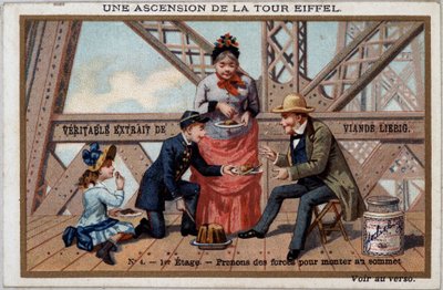 Ein Aufstieg auf den Eiffelturm: man stärkt sich im 1. Stock - Chromo. Liébig, Anfang 20. Jahrhundert von French School