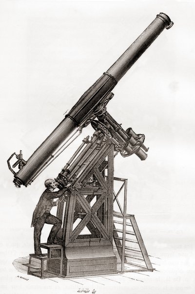 Ein Äquatorialteleskop im Pariser Observatorium, Frankreich im 19. Jahrhundert, aus Les Merveilles de la Science, veröffentlicht um 1870 (Gravur) von French School