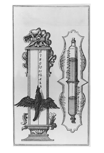 Eine alte Wasseruhr, Illustration aus einem Kupferstich von French School